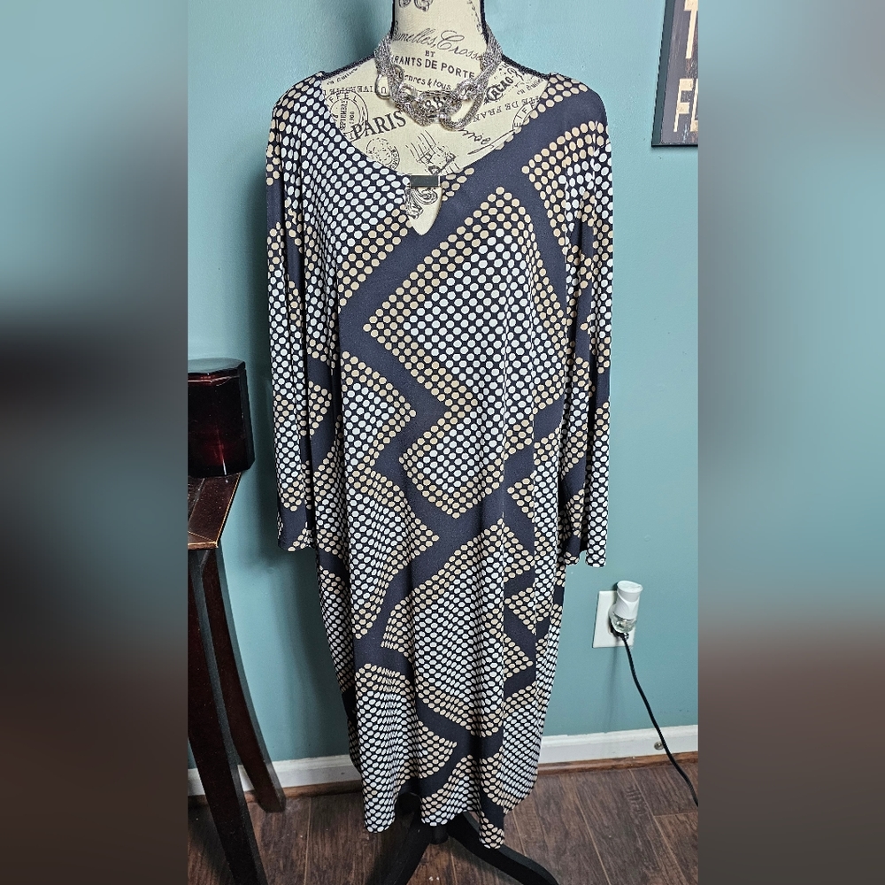 Dress Barn Women's Blk,Beige,and Brn Polka-dot Long Sleeve Tunic Dress Size 18